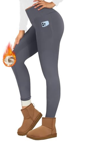 TNNZEET Thermo Leggings Damen mit Taschen Gefüttert Thermoleggings High Waist Thermohose Fleece Warm Blickdicht Leggins im Winter (Dunkelgrau,L)