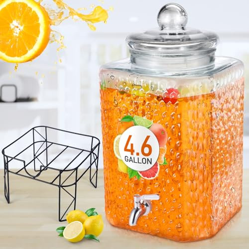 Honeydak 4.6 Gallon Glass Beverage Dispenser with Stand Stainless Steel Spigot Glass Lid Clear Iced Juice Container Leakproof Drink Dispenser Countertop Lemonade Water Jar for Wedding Party (1 Pack)