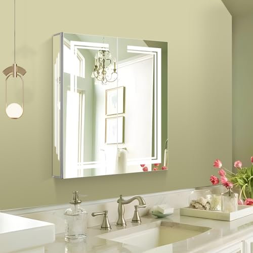 Janboe 24×28inch Medicine Cabinet with Lights,Lighted Medicine Cabinet,3 Colors&Dimmable,Demister,Internal Light,USB Shaver Socket,Inner Door Lighting