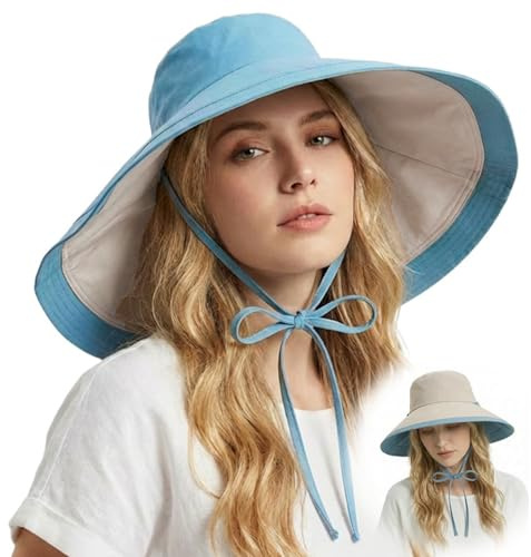 HIQIU Solhatt damer dubbelsidig bred stort brätte solskyddshatt utomhus semester vikbar strand UV skydd hink hatt fiskarhatt