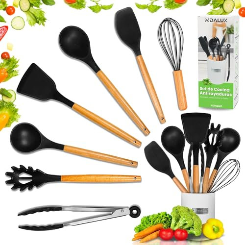 MDALUX® -Utensilios de cocina de silicona-Menaje de cocina -Set de 7 Piezas con Cubo Metálico-Sin BPA con mangos de madera-Resistente 220°C- Accesorios cocina- Antiadherente