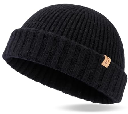 TOP-EX XL/XXL Mens 100% Merino Wool Fisherman Beanie for Women Trawler Beanie Winter Hat Warmer Knitted Cuffed Hat Black XL/XXL