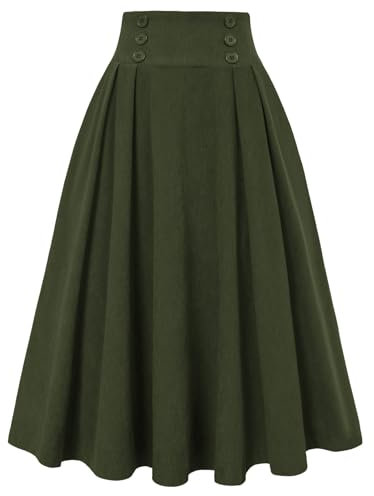 Belle Poque Cordrock für Damen Hohe Taille Midi Rock Vintage A-Linie Faltenröcke mit Taschen Grün XL