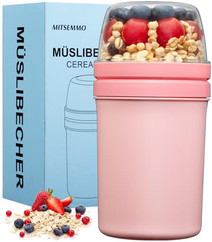 Mitsemmo Cereal Cup On The Go,600ml+270ml Breakfast Pots to Go,Yogurt and Granola Pot,Muesli Cup Travel Bowl and Milk Container for Work,Overnight Oats Jar with Lid & Spoon(Pink)