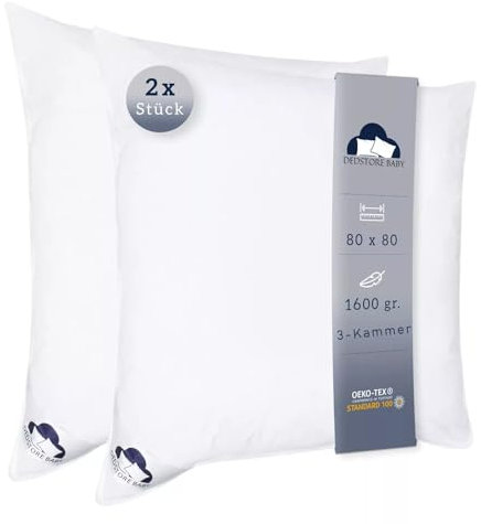 2X Kopfkissen 80x80 cm Daunen & Federn DREI Kammer Bettkissen Pillow Füllung pro Kissen 1600g - Premium Schlafkomfort, Daunenkissen, Öko-Tex & RDS Zertifiziert, Schlafkissen, Nachtkissen, Federkissen