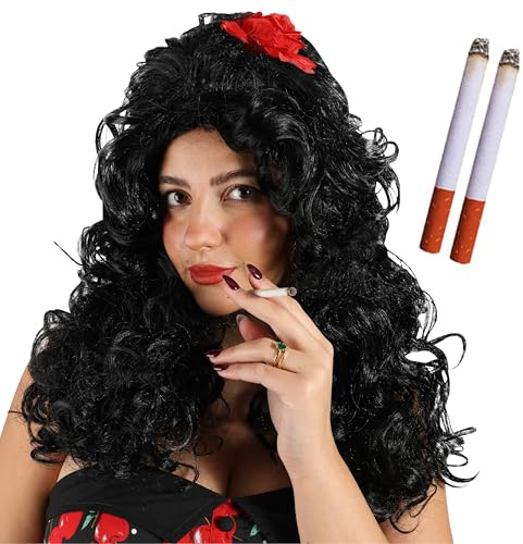 Damer 00-tal sångare tillbehörsset – svart bikupa-peruk och 2-pack falska cigaretter – vuxna noughties musik maskeraddräkt tillbehör set