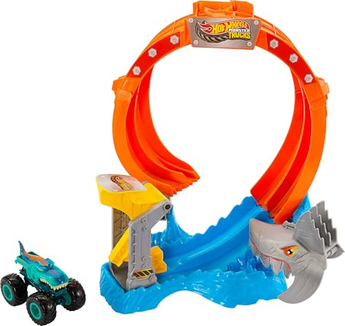 Hot Wheels Toy Monster Trucks 1:64 Scale Corkscrew and Mega Wrex Vehicle with Loop Warf to Defeat Nemesis
