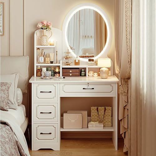 LGYWPA Sovrum toalettbord med upplyst spegel och LED-lampor och justerbar ljusstyrka, sminkbord med 4 stora lådor och 3 hyllor förvaring, vitt modernt sminkbord, 80 * 40 * 138cm,round mirror