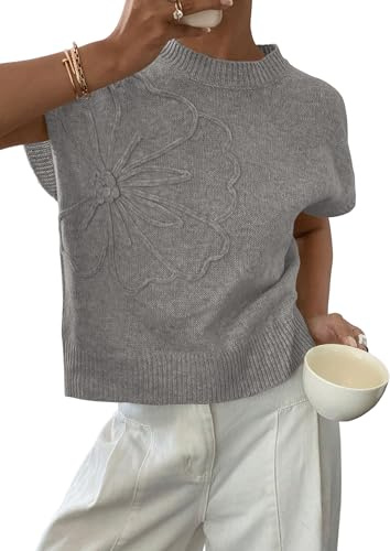 PRETTYGARDEN Women's 2026 Spring Sweater Vest Trendy Flower Knit Short Sleeve Cute Pullover Tank Tops Summer Fashion Clothing (Grey,X-Large)