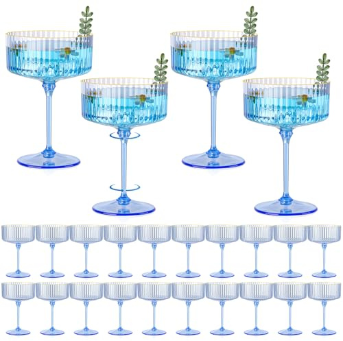 HKSZEH 24 PCS Plastic Champagne Coupe Cup Ocean Blue Ribbed Coupe Glasses 10oz Detachable Gold Rim Espresso Martini Glass Vintage Margarita Glassware Cocktail Glass Set for Baby Shower Hanukkah