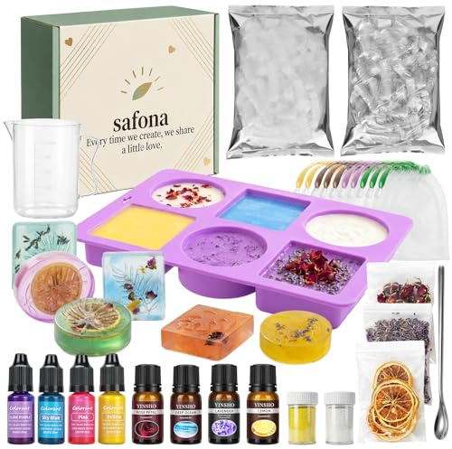 safona Seife Selber Machen Set für Anfänger, DIY Bastelset Komplettset mit Seifenbasis Duft und Farbe, Silikonformen und Anleitung, Geschenkidee für Erwachsene und Kinder