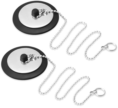 2 Pezzi Tappi di Scarico Tappi per Lavello con Catena da 40cm Tappi in Gomma per Lavandino Vasca da Bagno Tappo per Lavabo Tappi in Gomma per Lavelli,Vasche da Bagno e Cucine(Nero)(Ø43-45mm)