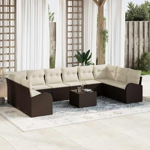 Frdhee Panca da giardino ad angolo, divano da giardino, con cuscino con memoria, 11 pezzi, marrone e crema, per esterni, giardino, terrazza, balcone
