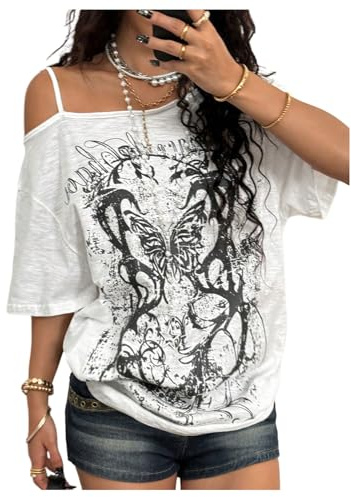 GORGLITTER Women's Y2k Cold Shoulder Tops Gothic Summer Going Out Tee Shirt