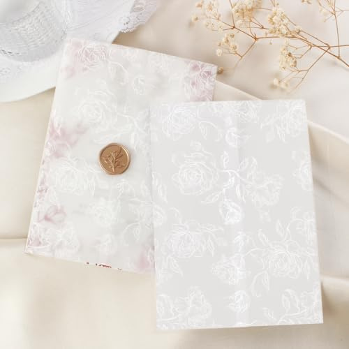 JAGERGREEN 50 Pack Pre-Folded Floral Vellum Jackets for 5x7 Cards | 115gsm Translucent Vellum Wraps, Fits 5x7 Cards, for Wedding Invitations Sleeves, Birthday, Greeting Cards & DIY Crafts