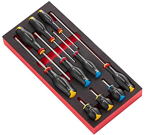FACOM - Set de 10 Tournevis Cruciformes Protwist en Plateau en Mousse - MODM.AT5 - Poignée en Mousse Bicolore Haute Densité pour Confort et Sécurité - Marquage Laser - Longue Durée de Vie