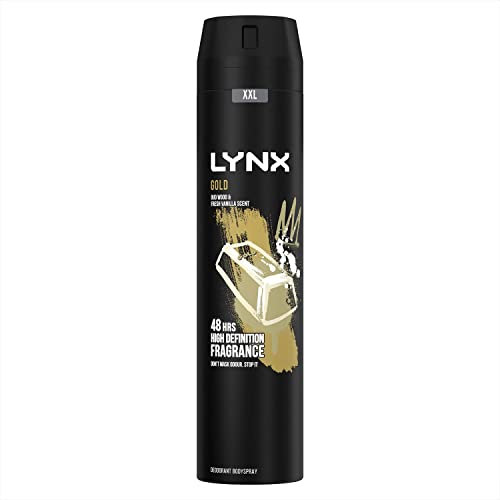 Lynx Gold Aerosol Body Spray Men's Deodorant Spray with a Dark Vanilla & oud scent for 48 hours of odour busting, high defnition fragrance 250 ml