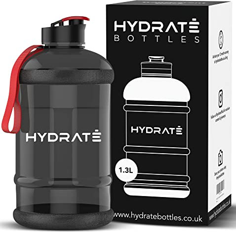 HYDRATE XL Jug 1.3 Litre Water Bottle with Nylon Carrying Strap and Leak-Proof Flip Cap - BPA Free - Ideal for Gym, Clear Water Container Large Sports Bottle, Extra Strong Material Water Jug (Black)