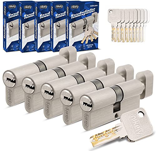 GERCAR Juego de 5 Cilindros de Cierre Continuo Con Pomo y 25 Llaves, 60 mm de Longitud, A: 30 B: 30 mm, Latón Macizo Mate