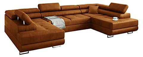 Ecksofa Miami U mit Schlaffunktion, Eckcouch mit Bettkasten, U Form Couch, Wohnzimmersofa, Ecksofa mit Bettkasten, Sofagarnitur mit Schalffunktion, 338 x 203 cm (Hochwertiger Stoff) (Gold)
