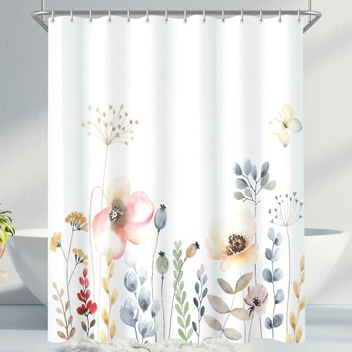 Lerores Tenda da Doccia 120 x 200 cm, con Fiori e Pianta, Orlo Piombato Antimuffa in Tessuto, Repellente all'Acqua, Tessuto Lavabile in Poliestere per Bagno, con 8 Anelli per Tenda da Doccia