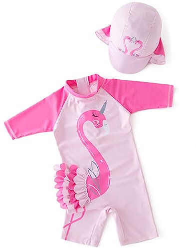 Tyidalin Maillot de Bain Enfant Bébé Fille Une Pièce Combinaison de Natation Manches Courtes Anti-UV Protection Solaire UPF avec Bonnet, Rose Clair, 80-86(Étiqueter 3)