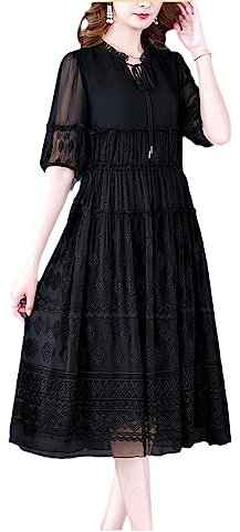 Vestido Negro De Primavera Vestido De Fiesta A Media Pierna con Bordado De Encaje Y Mangas Globo para Mujer