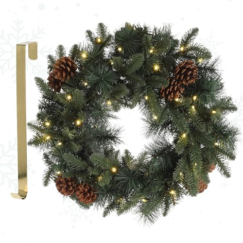 MeisterHome ® Ghirlanda natalizia artificiale, per porta, 50/60 cm, ghirlanda natalizia per interni ed esterni, con luci a LED e bacche di pino (60 cm)