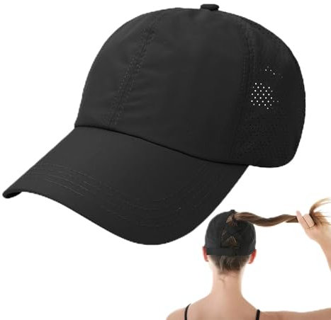 KRYMSON Gorra de Running para Mujer - Gorro de Béisbol Negro con Cola de Caballo Cruzada de Malla, Deportiva de Secado Rápido, Ajustable para Correr
