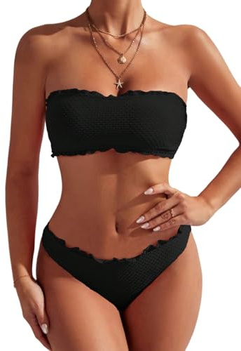 GORGLITTER Bikini pour femme - Sans bretelles - Bandeau - Avec ourlet ondulé - Deux pièces - Maillot de bain, Noir , M