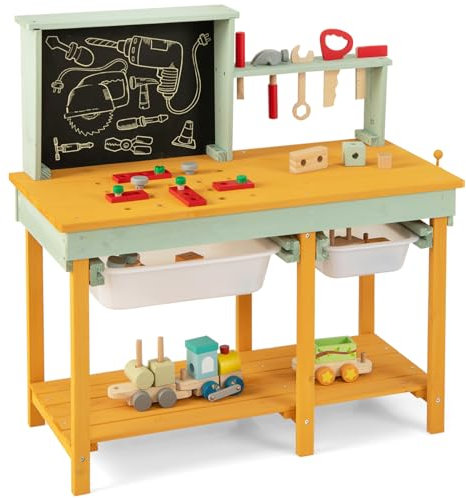 GYMAX Kids Workbench, Wooden Play Workbench with Chalkboard, Storage Shelf, 2 Drawers, Tool & Parts Set, Toy Tool Bench for 3-8 Years Old Boys Girls