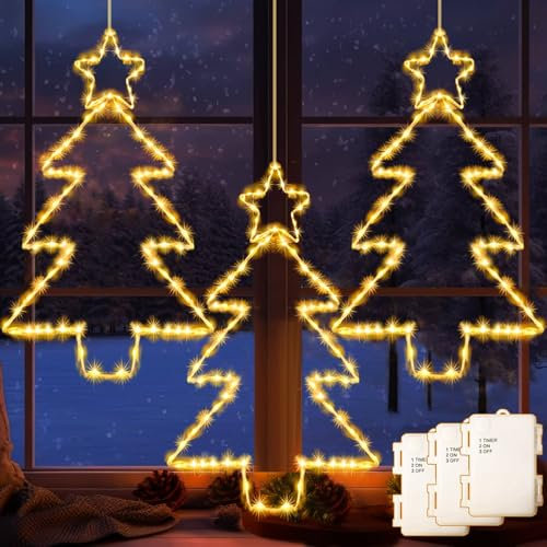yowin Weihnachtsdeko Fenster 3 Stück 45 LED Weihnachtsbeleuchtung Batterie mit Timer, Fensterdeko Weihnachten Beleuchtet Wasserdicht Fensterlicht Weihnachtsbaum für Aussen Innen Deko - Warmweiß