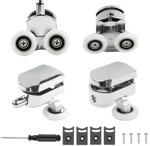 4Pcs Chrome Plated Shower Glass Door Rollers, 23mm Curved Shower Door Wheels, Shower Replacement Twin Rollers, Bathroom Door Fixing Pulleys with Anti-Slip Screwdriver for Glass Door Hole Diameter 10mm