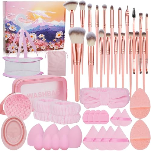 YHANEC 47 Stück Pinselset Makeup, Makeup Pinsel Set mit Makeup Schwamm, Puderquaste, Reinigungsmatte, Kosmetiktasche, Make up Haarband Set für Kosmetikpinsel Foundation Make up Tools (M)
