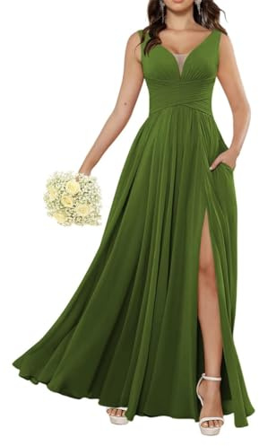 Vestidos de dama de honor de gasa para mujer, vestidos largos con abertura, vestidos de cóctel, vestidos de graduación, talla grande, verde oliva, 42