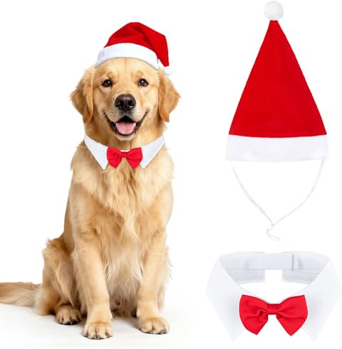 MELLIEX 2 Pezzi Costume di Natale per Animali Domestici, Natalizio Costumi Cappello da Babbo Natale e Papillon Regolabile per Cane Gatto（46cm)