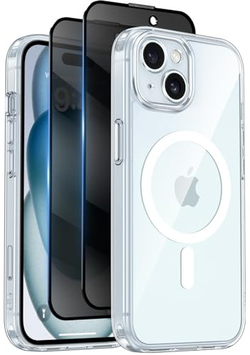Qasyfanc Coque pour iPhone 15 avec Verre Trempé Anti-Espion | Transparente, Compatible avec MagSafe, Étui Mat Translucide Arrière Housse Antichoc Anti-Rayures