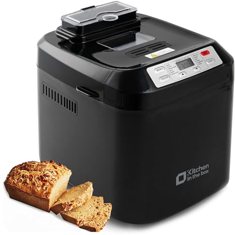 Kitchen in the box - Máquina para hacer pan, programas 12 en 1, ajuste sin gluten, dispensador automático de frutos secos y sartén antiadherente extraíble, 2 tamaños de pan (2 libras), temporizador de
