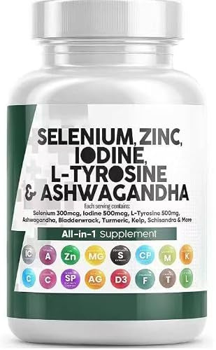 Selen, Zink, Jod, L Tyrosine, Ashwagandha | Stödtillägg för kvinnor och män Blåstång, sköldkörtel