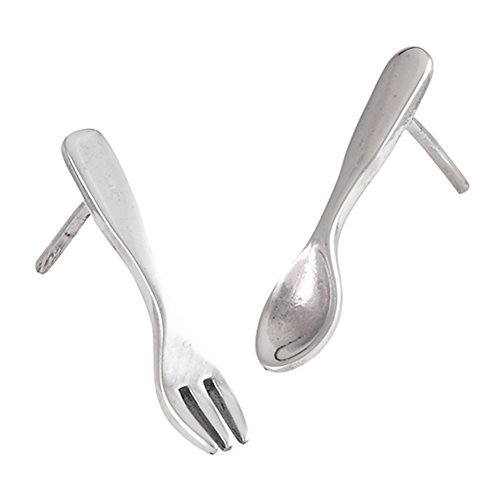Silverware Spoon Fork Eating .925 Sterling Silver Food Utensils Stud Earrings