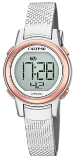 Calypso Damen Digitaluhr Kautschuk Silber - Hochwertiges Glas - Wasserdicht 10 ATM - Datum, Kalender, Stoppuhr, Doppelzeit, Licht, Alarm, 12/24 Std K5736/2