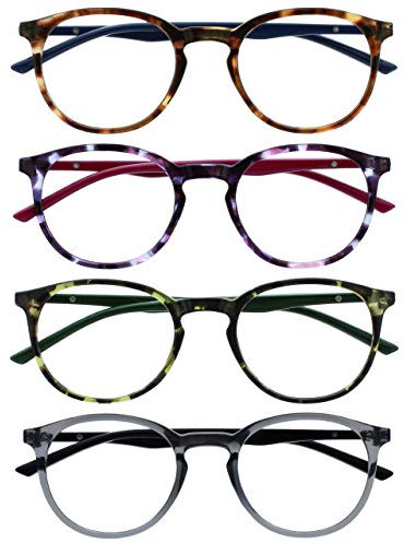 OPULIZE Met lesebrille 4er Pack Schlank Runder Rahmen Federscharniere Kratzfest Braun Lila Grün Transparent Grau Herren Damen RRRR60-2567 +1.00