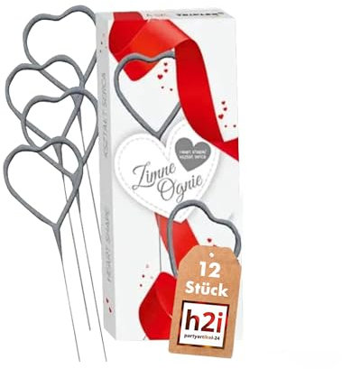 h2i Herz-Silber Wunderkerzen | 12 Stück | 18 cm | +/- 60 sek | Geburtstagskerzen Sprühkerze Spritzkerze Sternenspritzer Funkenzauber für Valentinstag Hochzeit Silvester Geburtstag | Kat F1