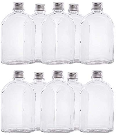 Pukkr Mini Glass Flask Bottles 350ml – Pack of 10 Screw Cap Sample Bottle for Cocktails, Spirits, Oils, Flavours, Wedding Favours & Gift Sets – Airtight Thick Glass Bottles