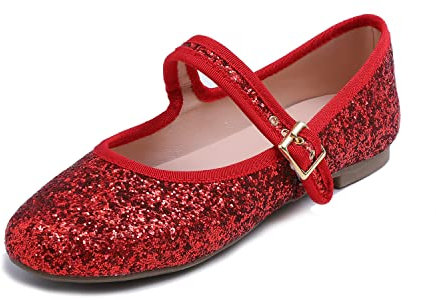 Feversole Women's Soft Breathable Mary Jane Memory Foam Cushioned Comfort Round Toe Metal Buckle Flats Walking Shoes Red Glitter Size UK 6.5