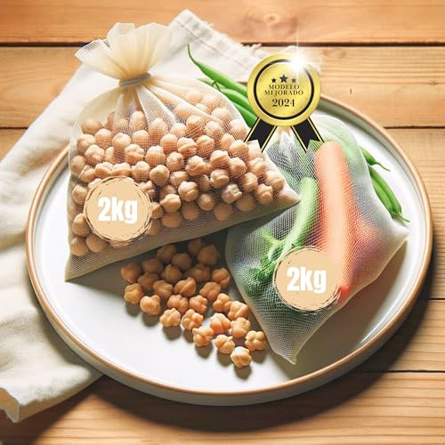 MASAT® [2 Mallas de Cocción de 2Kg + Guía Exclusiva de Recetas] - Bolsa de Cocina 35x20cm Nylon - Lavables y Reutilizables - Malla Garbanzos, Red para Olla Express, Horno - Cocinar Legumbres, Verduras