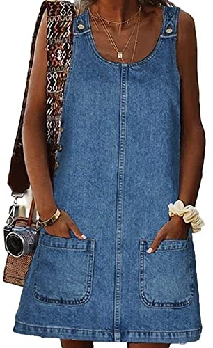 BZB Women's Sleeveless Casual Denim Dress Crewneck Vintage Loose Overall Mini Dress with Pockets