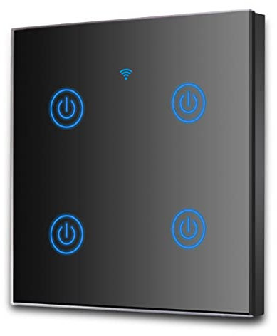 EXTRASTAR WLAN-Touch-Wandschalter, 4-Wege, 4 Kanäle, Kompatibilität mit intelligenten Assistenten wie Google Home und Amazon Alexa, neutrales Kabel erforderlich, Schwarz