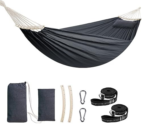 Chihee Hängematte aus Baumwolle Große,weiche,atmungsaktive Camping-Hängematten Hält bis zu 300kg Tragbare Baum-Hängematte mit abnehmbarem Spreizstab Kopfkissen 2 Starke Gurtbänder 2 Karabinerhaken