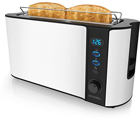 Arendo - Grille-Pain Longue fente affichage digital, Grille-pain automatique 3 en 1-1000W 6 niveaux réglable, fonction décongélation, réchauffe viennoiseries plateau à miettes,Toaster blanc mat